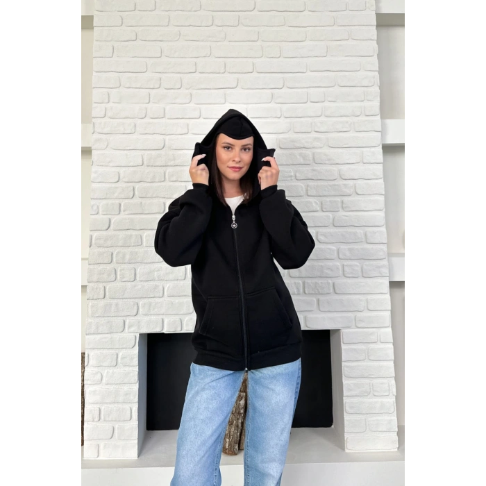 Siyah Unisex Kar Maskeli Samuray Kapüşonlu Oversize Hırka