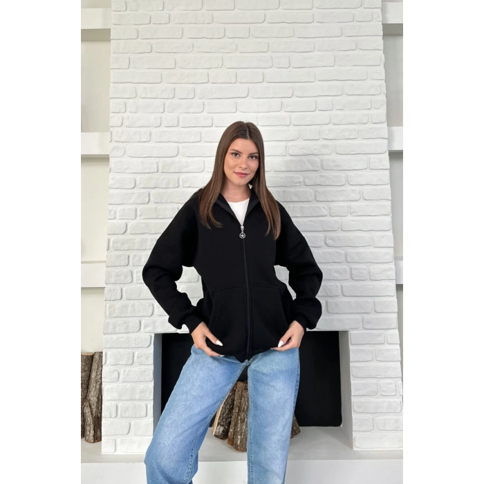 Siyah Unisex Kar Maskeli Samuray Kapüşonlu Oversize Hırka