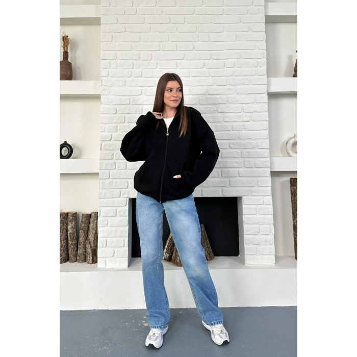 Siyah Unisex Kar Maskeli Samuray Kapüşonlu Oversize Hırka