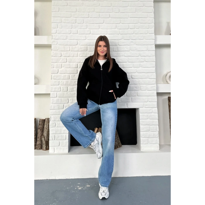 Siyah Unisex Kar Maskeli Samuray Kapüşonlu Oversize Hırka