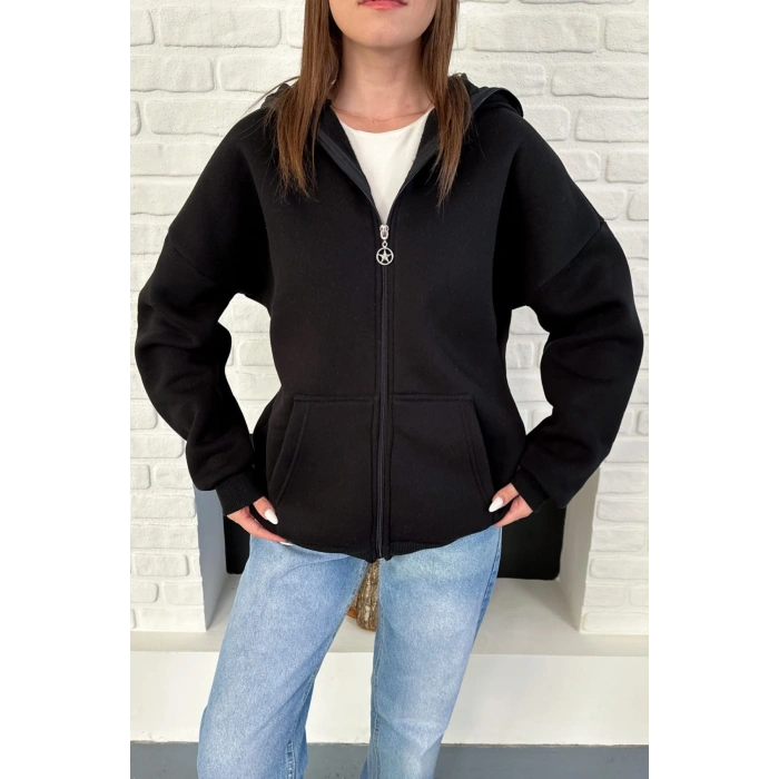 Siyah Unisex Kar Maskeli Samuray Kapüşonlu Oversize Hırka