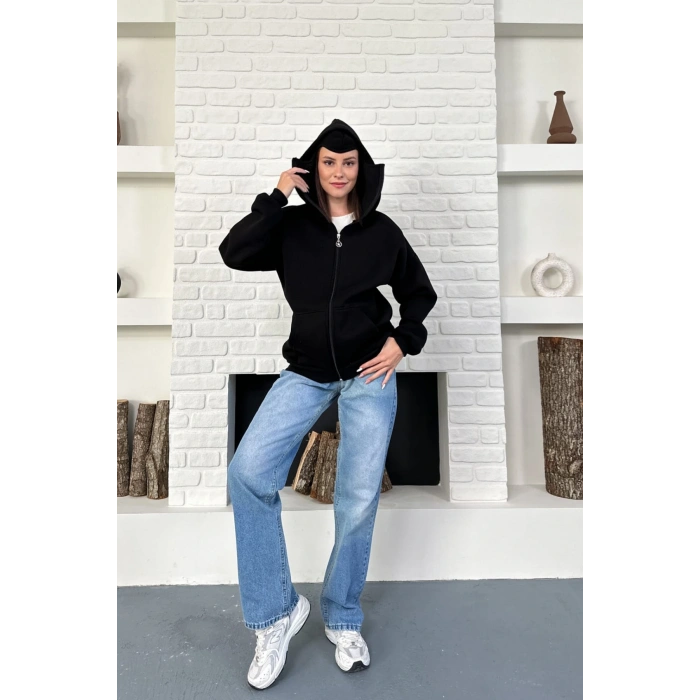 Siyah Unisex Kar Maskeli Samuray Kapüşonlu Oversize Hırka