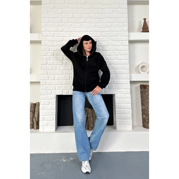 Siyah Unisex Kar Maskeli Samuray Kapüşonlu Oversize Hırka