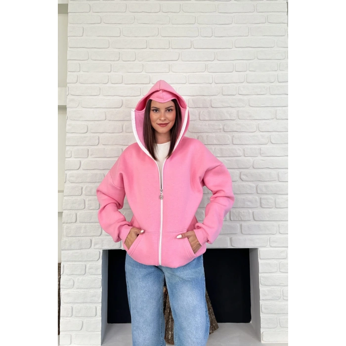 Pembe Unisex Kar Maskeli Samuray Kapüşonlu Oversize Hırka