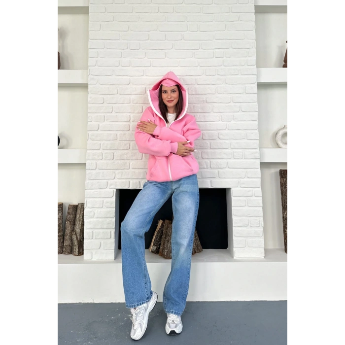 Pembe Unisex Kar Maskeli Samuray Kapüşonlu Oversize Hırka