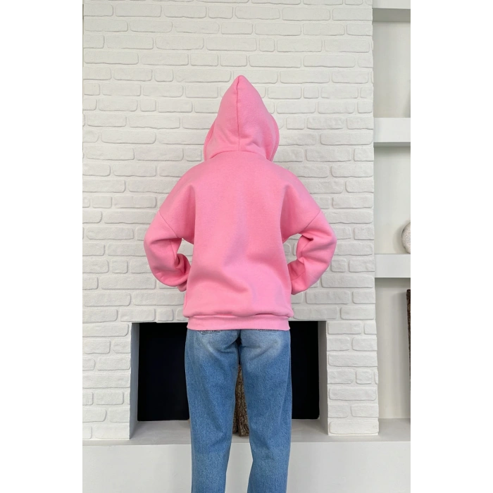 Pembe Unisex Kar Maskeli Samuray Kapüşonlu Oversize Hırka