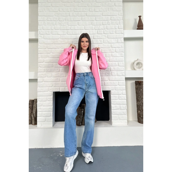 Pembe Unisex Kar Maskeli Samuray Kapüşonlu Oversize Hırka