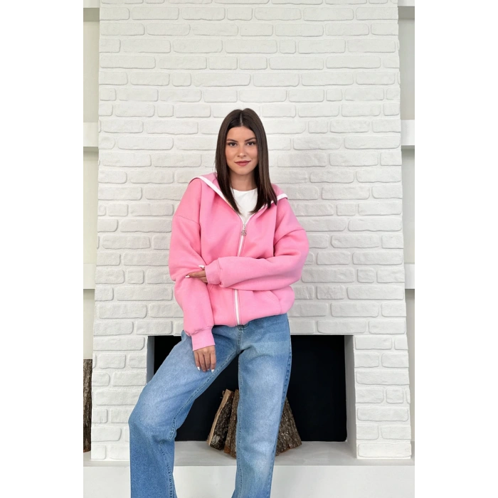 Pembe Unisex Kar Maskeli Samuray Kapüşonlu Oversize Hırka