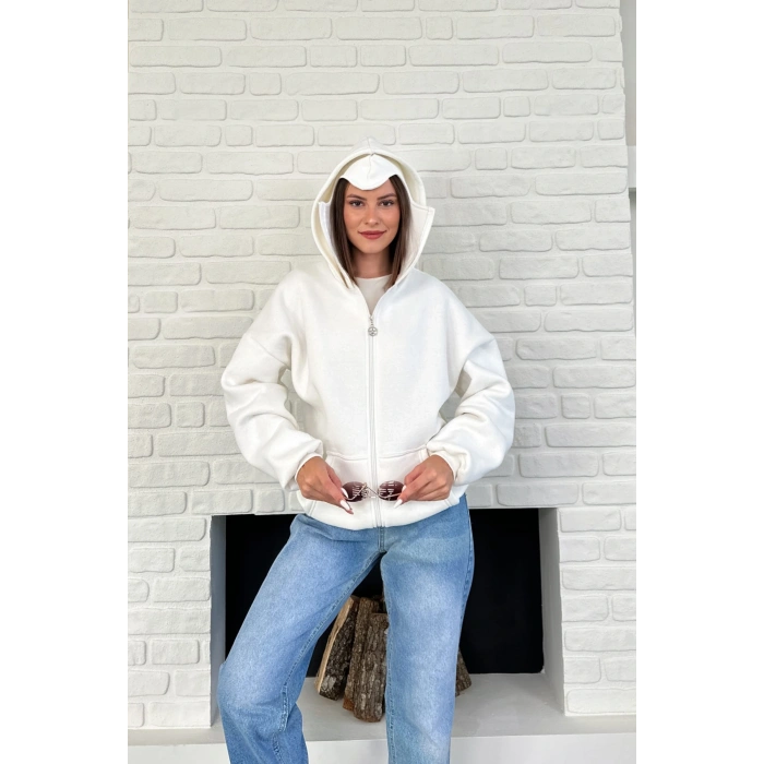 Ekru Unisex Kar Maskeli Samuray Kapüşonlu Oversize Hırka