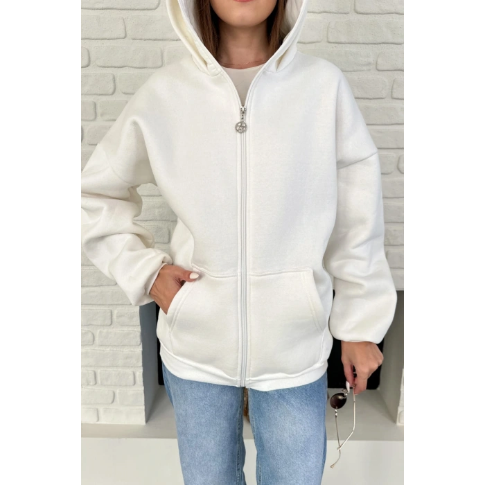 Ekru Unisex Kar Maskeli Samuray Kapüşonlu Oversize Hırka