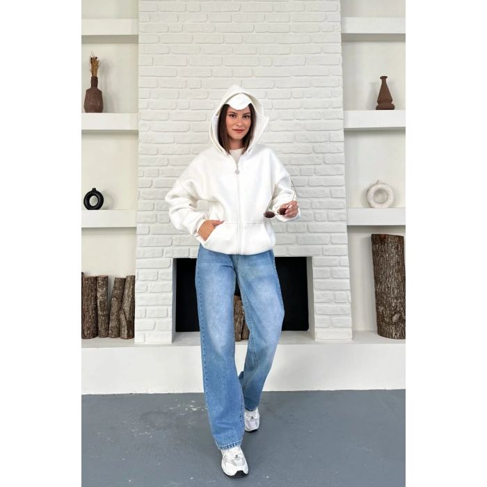 Ekru Unisex Kar Maskeli Samuray Kapüşonlu Oversize Hırka