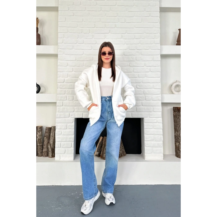 Ekru Unisex Kar Maskeli Samuray Kapüşonlu Oversize Hırka