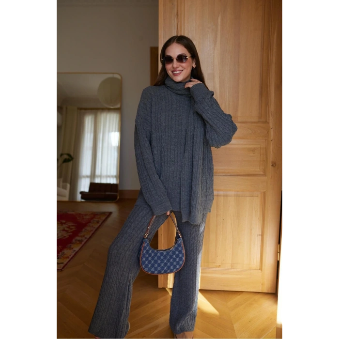 Füme Atkılı Saç Örgülü Triko Pantolon Takım