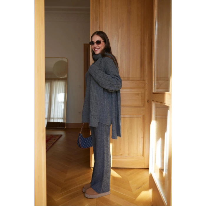 Füme Atkılı Saç Örgülü Triko Pantolon Takım