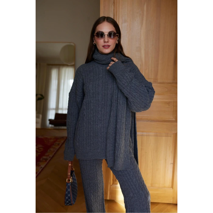 Füme Atkılı Saç Örgülü Triko Pantolon Takım