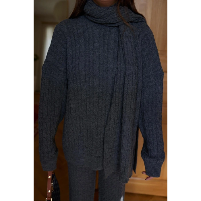 Füme Atkılı Saç Örgülü Triko Pantolon Takım