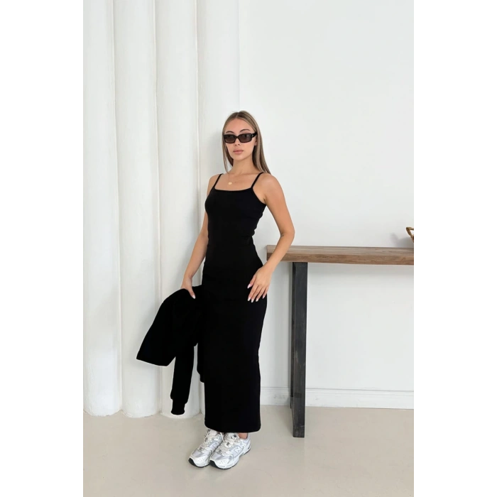 Siyah Crop Hırka Ve Elbise İkili Takım