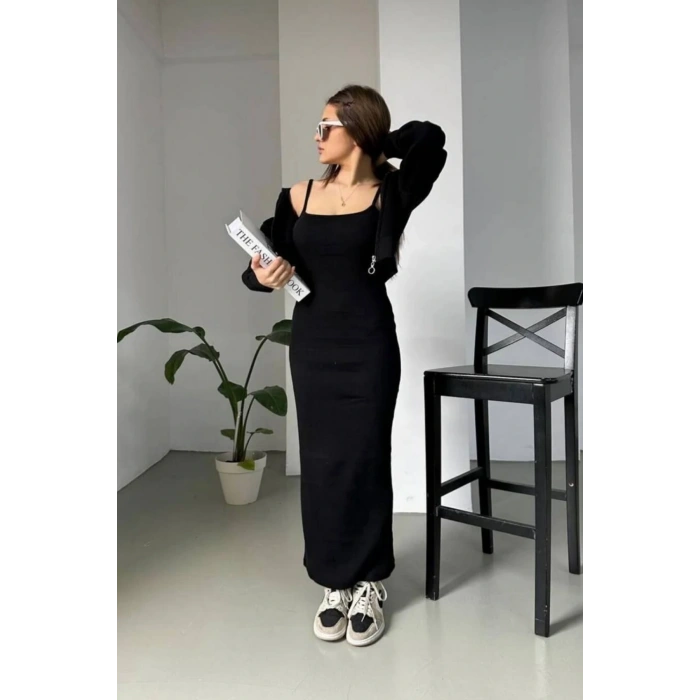 Siyah Crop Hırka Ve Elbise İkili Takım