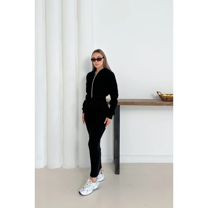 Siyah Crop Hırka Ve Elbise İkili Takım