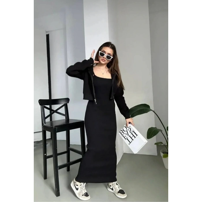 Siyah Crop Hırka Ve Elbise İkili Takım