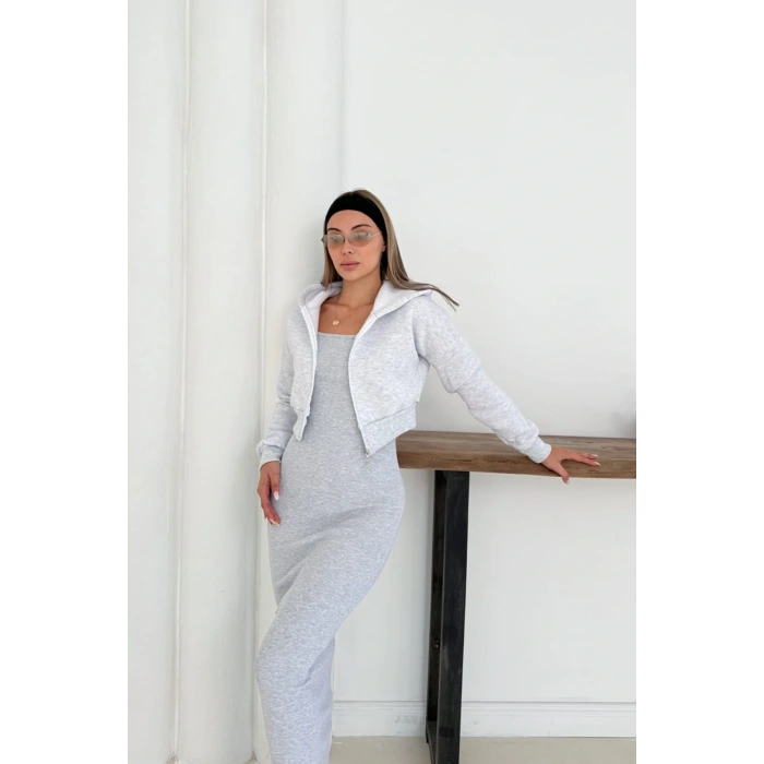 Gri Crop Hırka Ve Elbise İkili Takım