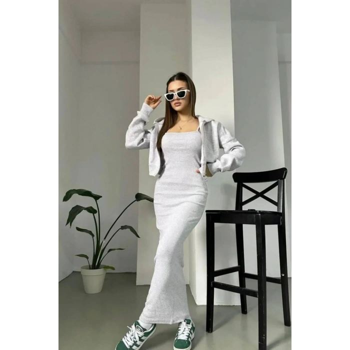 Gri Crop Hırka Ve Elbise İkili Takım