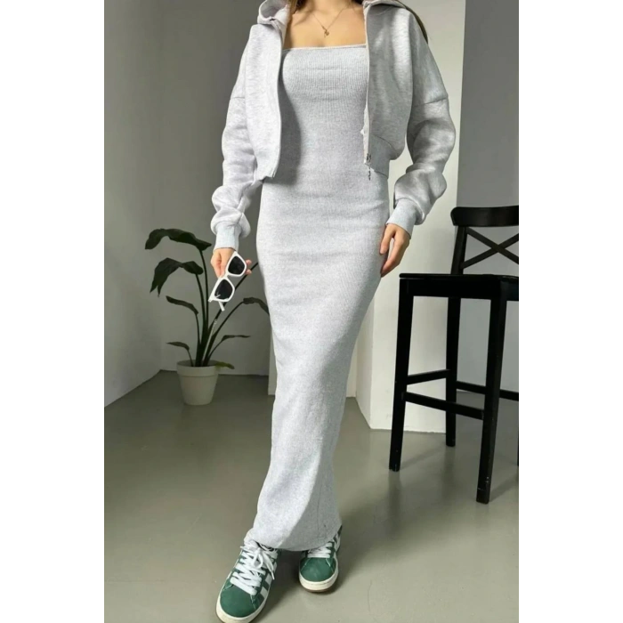 Gri Crop Hırka Ve Elbise İkili Takım