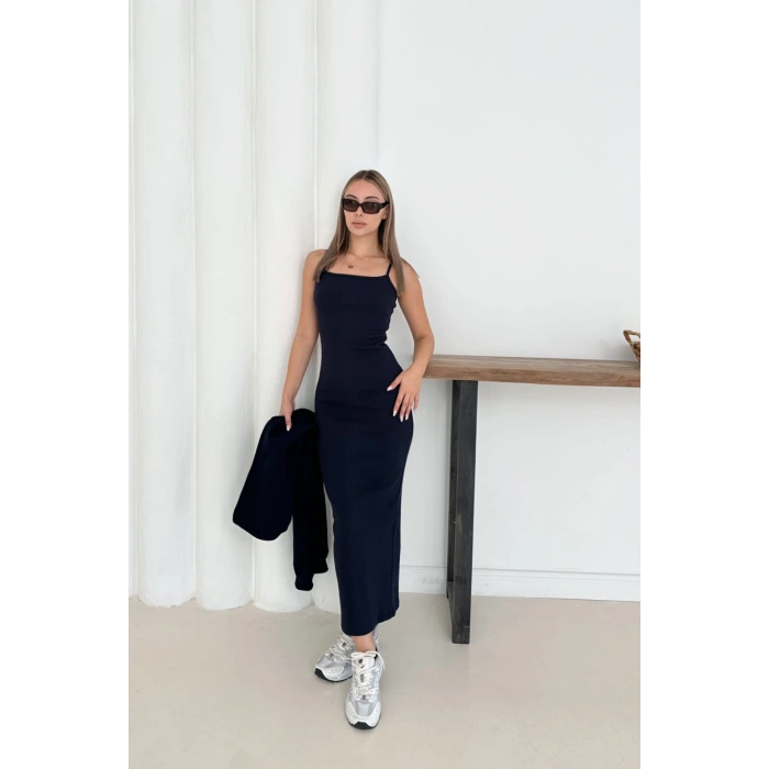 Lacivert Crop Hırka Ve Elbise İkili Takım