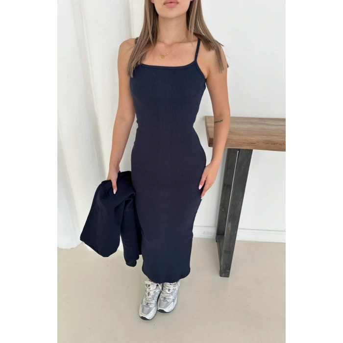 Lacivert Crop Hırka Ve Elbise İkili Takım