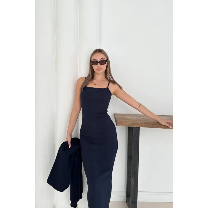 Lacivert Crop Hırka Ve Elbise İkili Takım