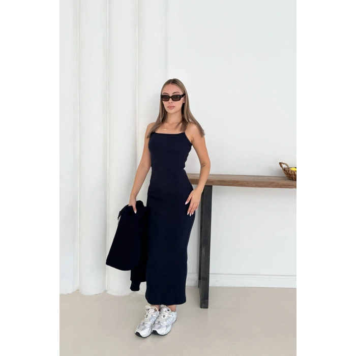 Lacivert Crop Hırka Ve Elbise İkili Takım