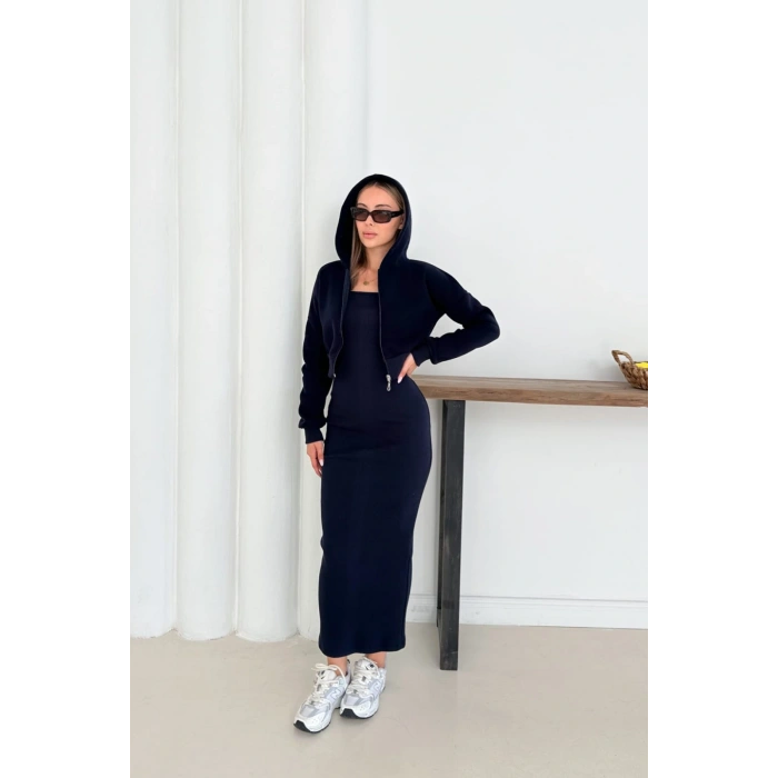 Lacivert Crop Hırka Ve Elbise İkili Takım