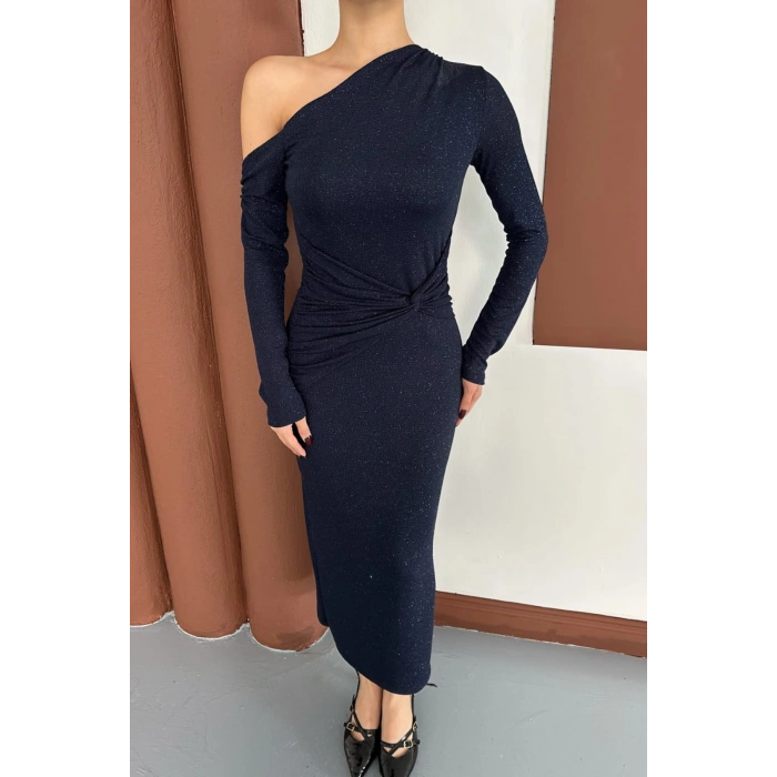 Sim Detaylı Düşük Omuz Lacivert Elbise