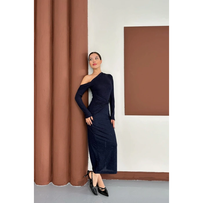 Sim Detaylı Düşük Omuz Lacivert Elbise