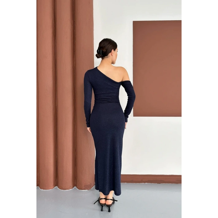Sim Detaylı Düşük Omuz Lacivert Elbise