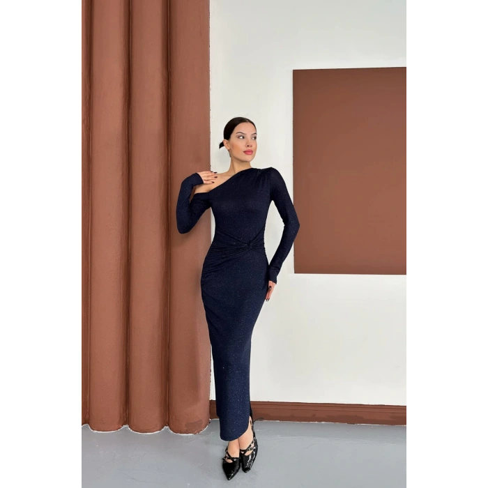 Sim Detaylı Düşük Omuz Lacivert Elbise