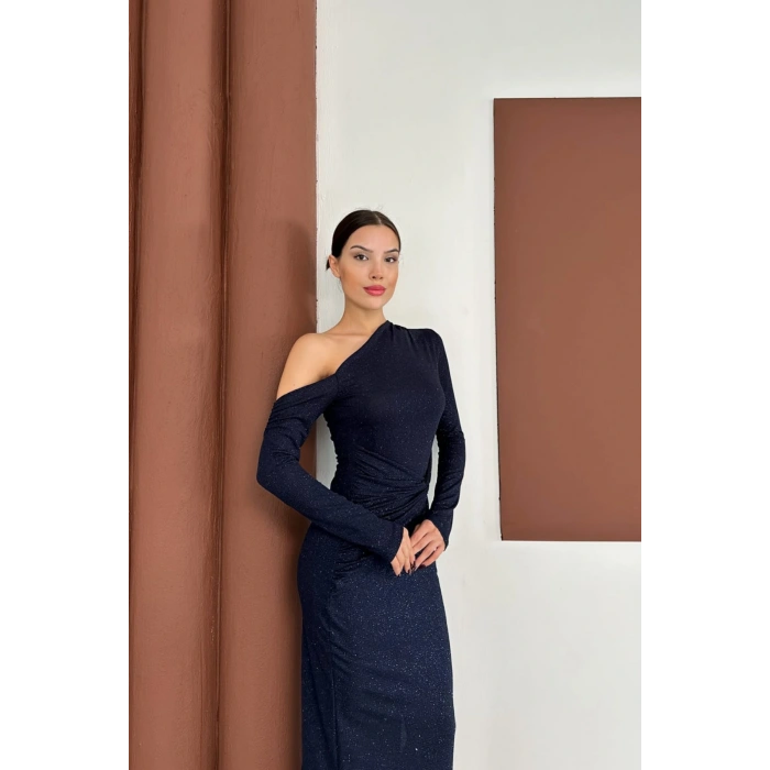 Sim Detaylı Düşük Omuz Lacivert Elbise
