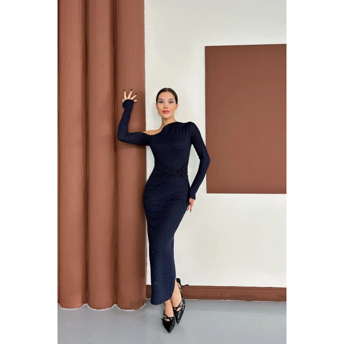 Sim Detaylı Düşük Omuz Lacivert Elbise