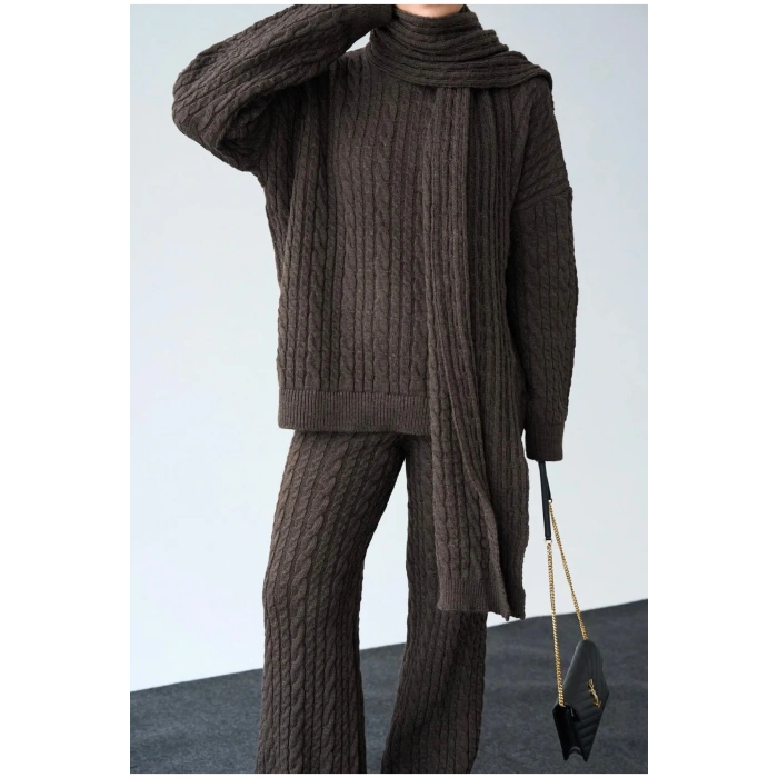 Kadın Atkılı Saç Örgülü Premium Pamuklu Balıkçı Yaka 3lü Takım