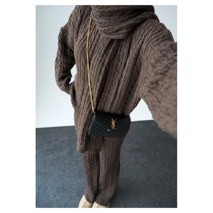 Kadın Atkılı Saç Örgülü Premium Pamuklu Balıkçı Yaka 3lü Takım