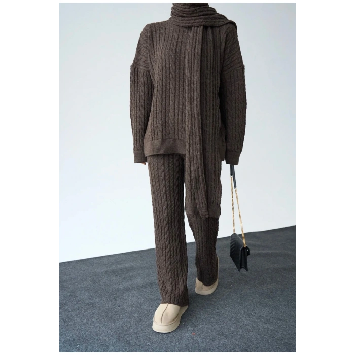 Kadın Atkılı Saç Örgülü Premium Pamuklu Balıkçı Yaka 3lü Takım