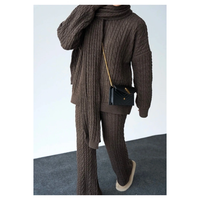 Kadın Atkılı Saç Örgülü Premium Pamuklu Balıkçı Yaka 3lü Takım