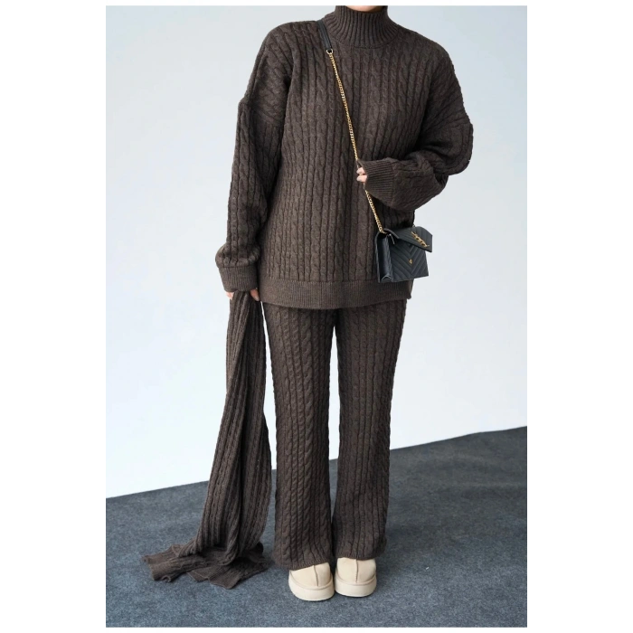 Kadın Atkılı Saç Örgülü Premium Pamuklu Balıkçı Yaka 3lü Takım