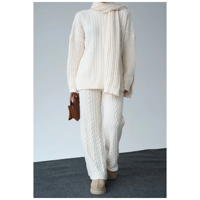 Kadın Atkılı Saç Örgülü Premium Pamuklu Balıkçı Yaka 3lü Takım