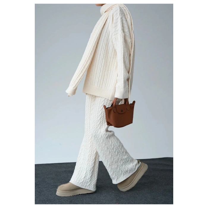 Kadın Atkılı Saç Örgülü Premium Pamuklu Balıkçı Yaka 3lü Takım