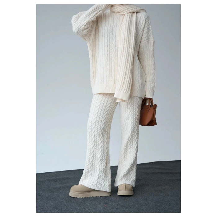 Kadın Atkılı Saç Örgülü Premium Pamuklu Balıkçı Yaka 3lü Takım