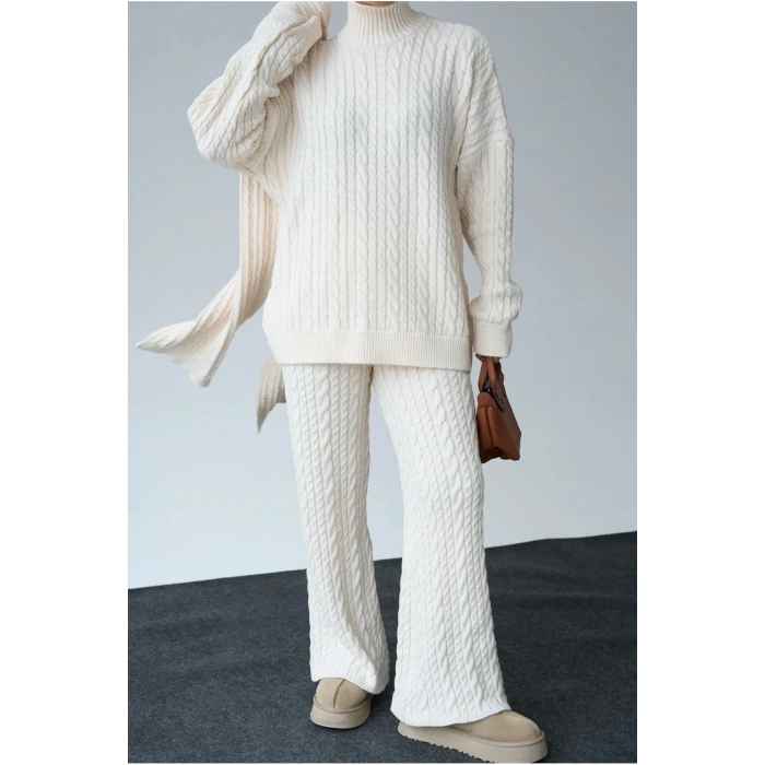 Kadın Atkılı Saç Örgülü Premium Pamuklu Balıkçı Yaka 3lü Takım