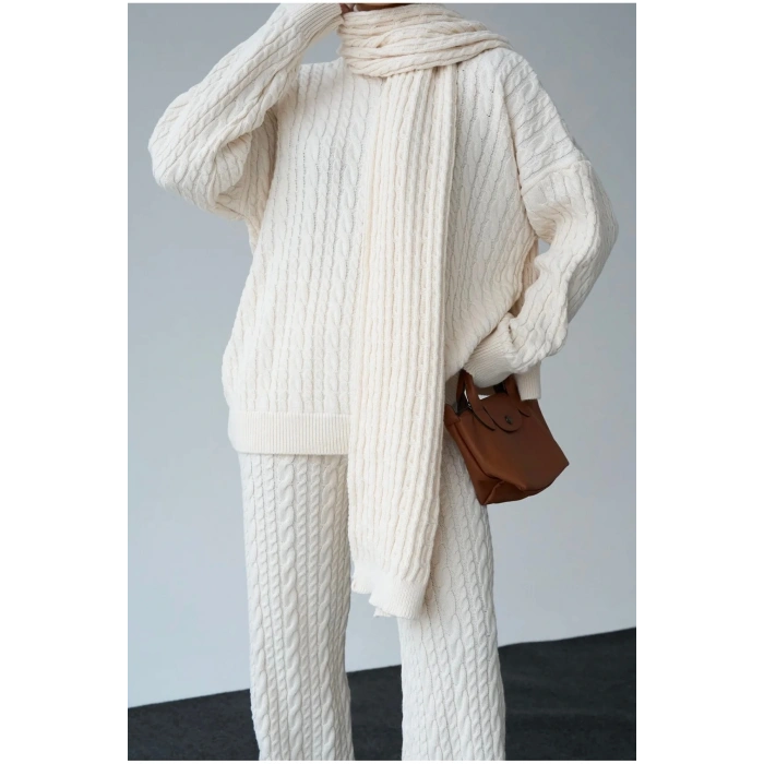 Kadın Atkılı Saç Örgülü Premium Pamuklu Balıkçı Yaka 3lü Takım