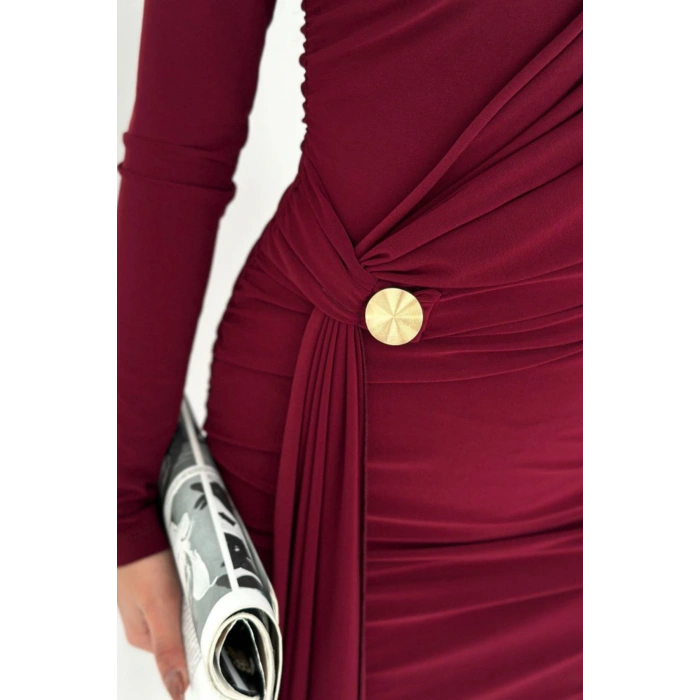 Kadın Bordo Sandy Drapeli Gold Toka Detaylı Mini Elbise