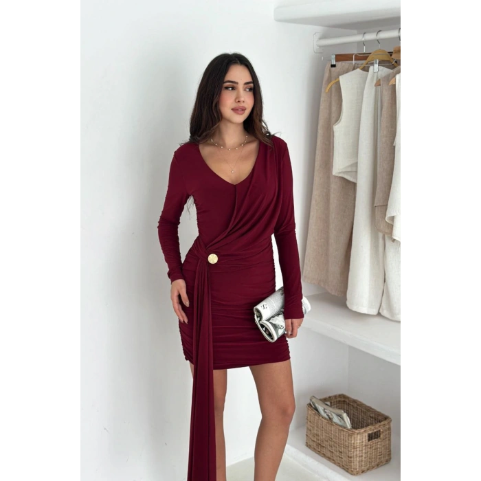 Kadın Bordo Sandy Drapeli Gold Toka Detaylı Mini Elbise